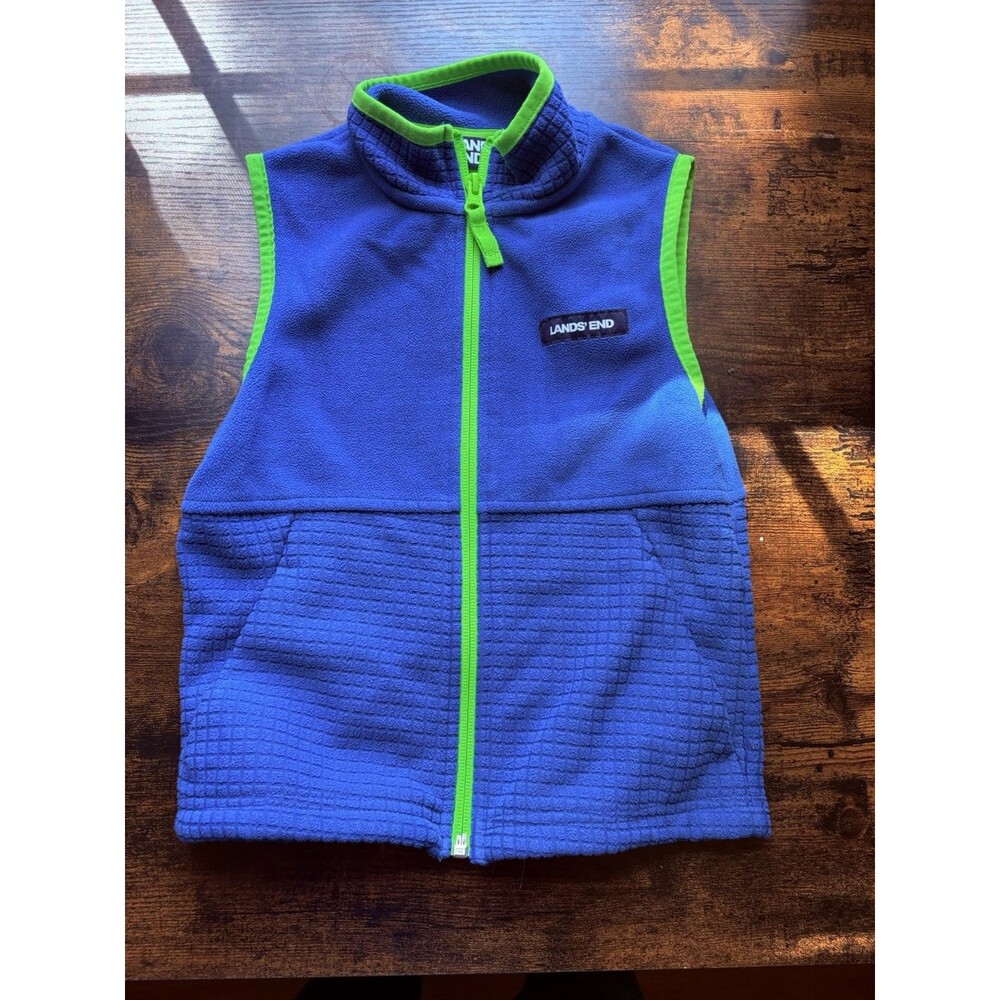 Lands’ End Vest Youth XS Full Zip Fleece Royal Blue Green Zip Pocket free Ship
